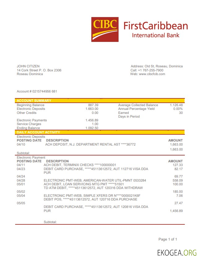 Dominique CIBC First Caribbean International Bank relevé